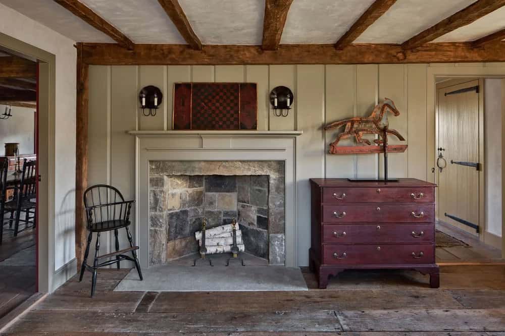 Saltbox Farm house study with a fireplace