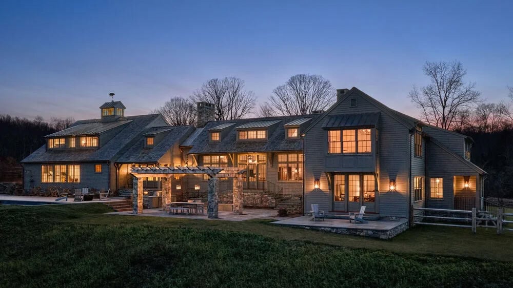 Saltbox Farm house exterior at dusk
