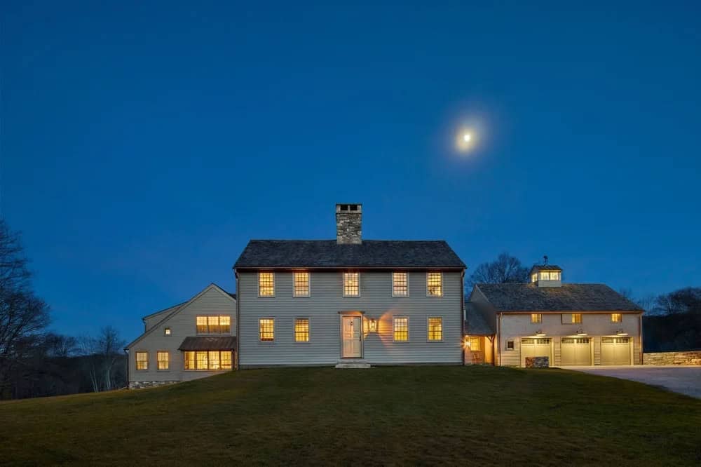 Saltbox Farm house exterior at dusk