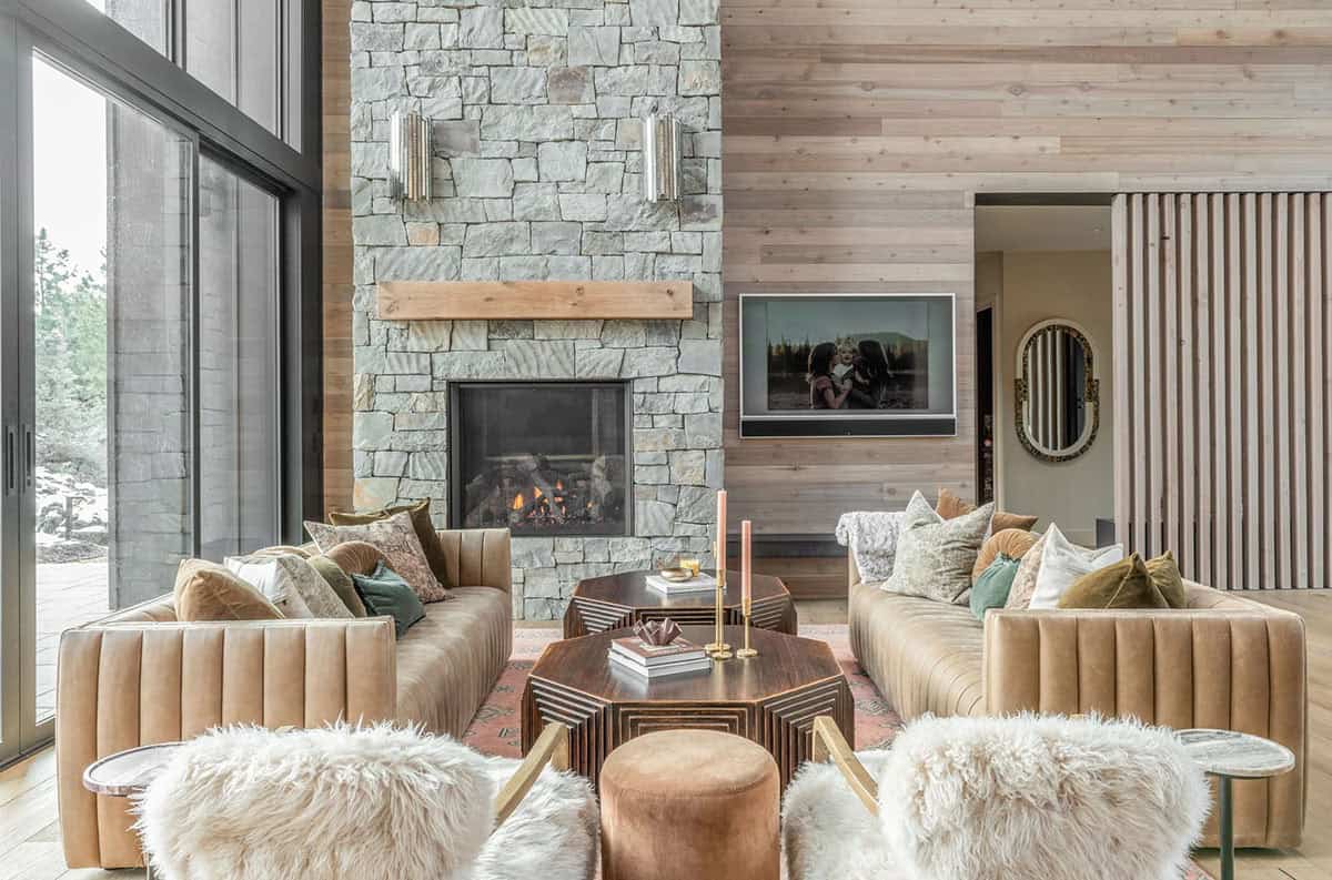 modern scandinavian style living room with a fireplace