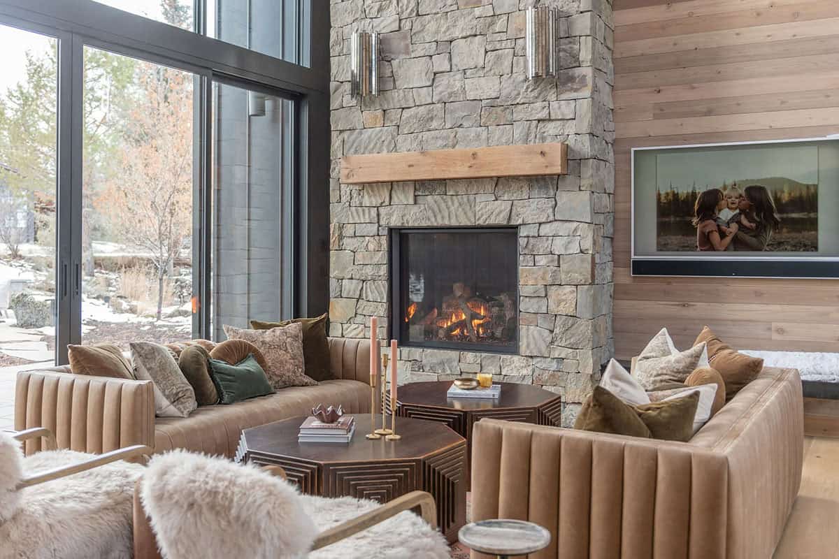 modern scandinavian style living room with a fireplace