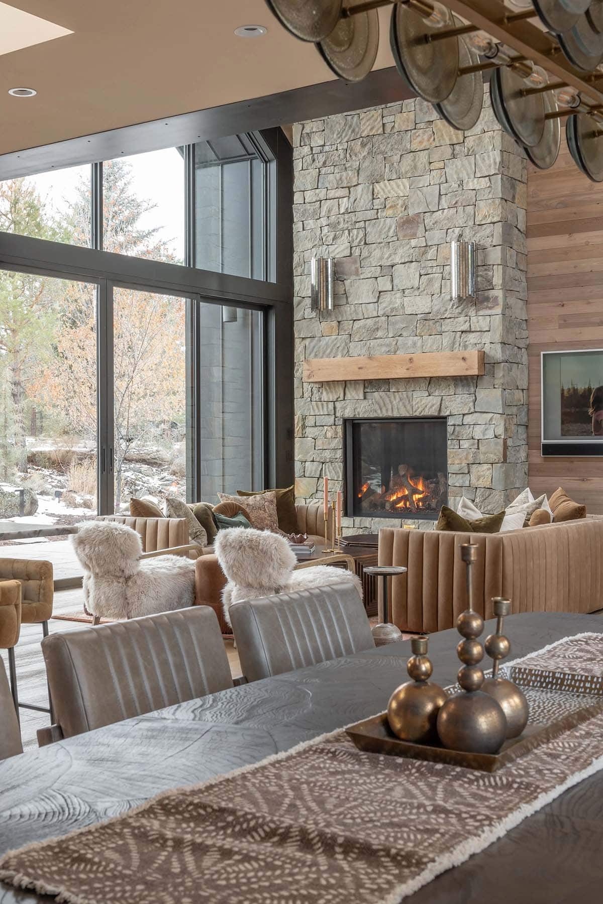 modern scandinavian style dining room with a view of the living room