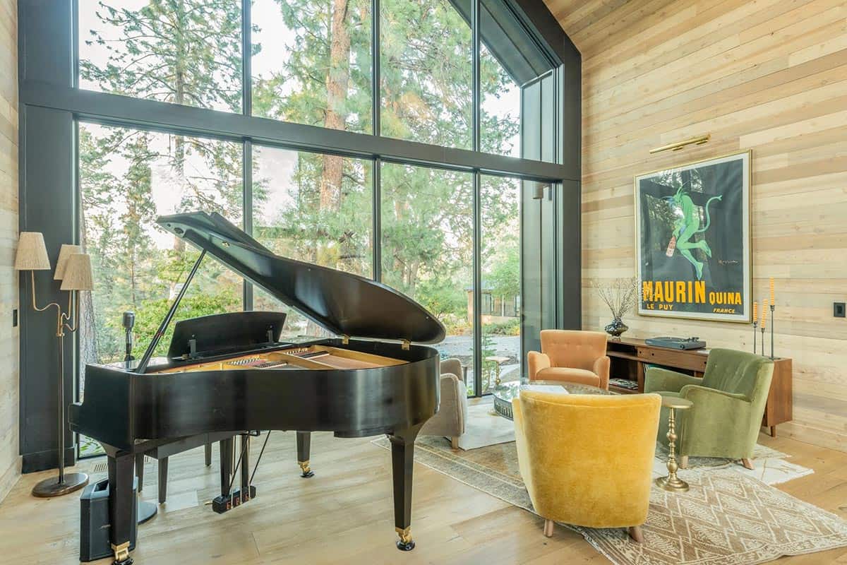 modern scandinavian style family room with a piano