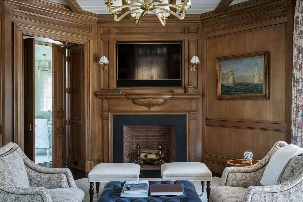 Beach Style Home Office with a fireplace