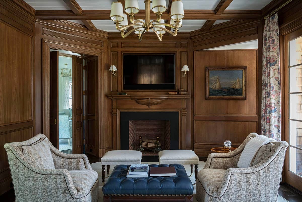 Beach Style Home Office with a fireplace