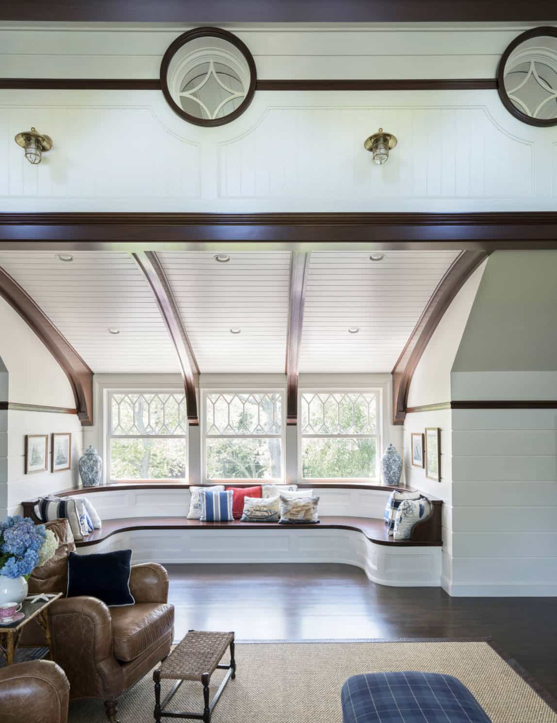 Beach Style Home Office with a built-in window seat
