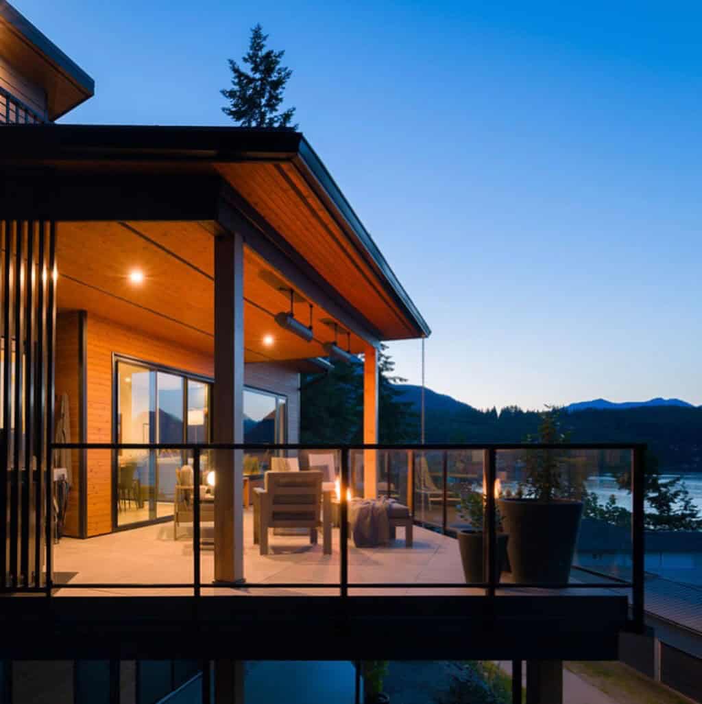 modern home exterior at dusk