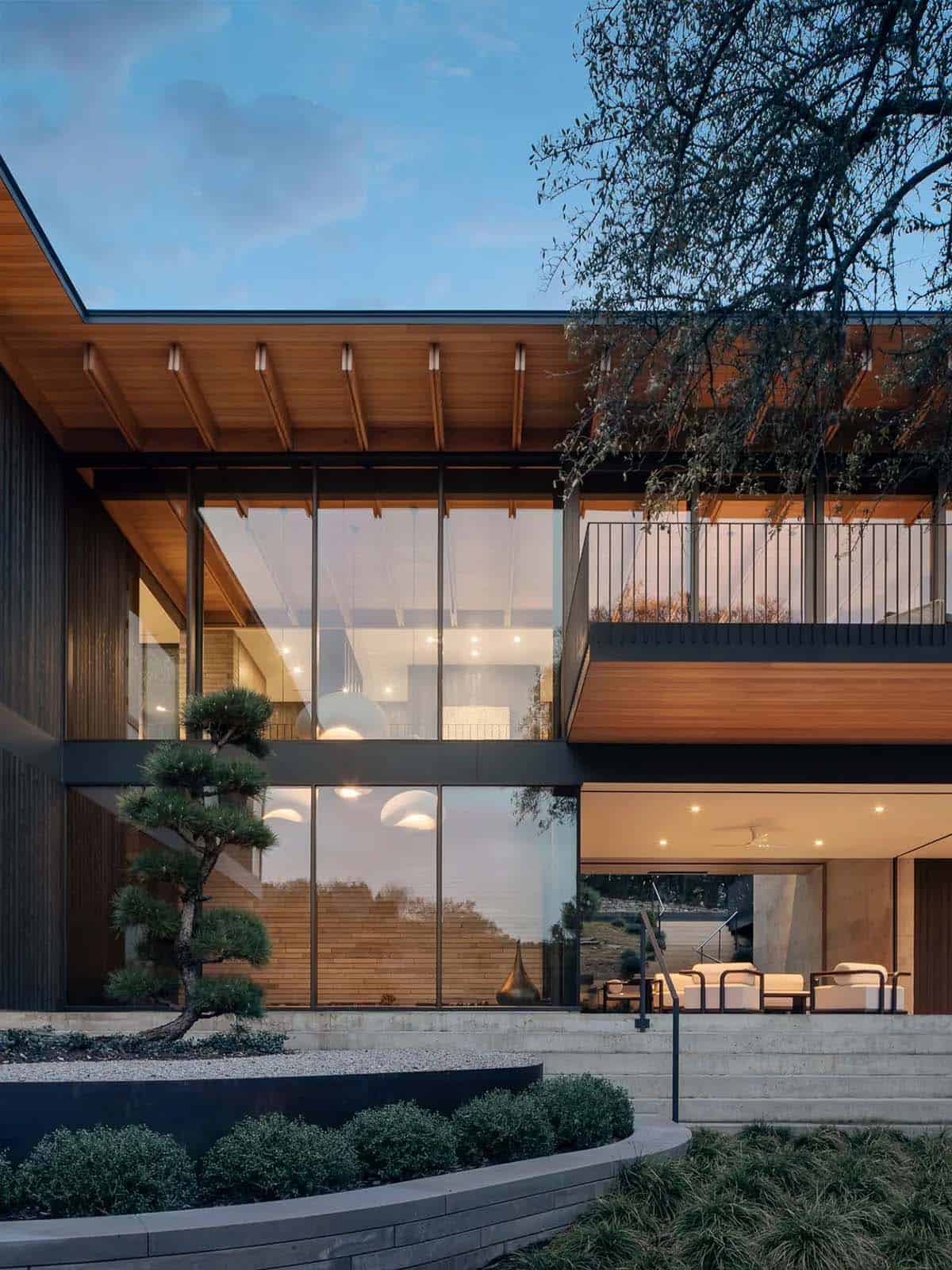 modern house exterior at dusk