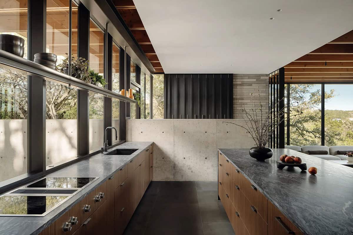 modern kitchen with a large window