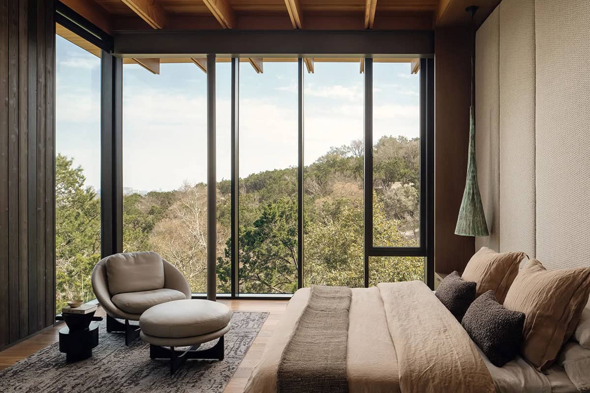 modern bedroom with a large window 
