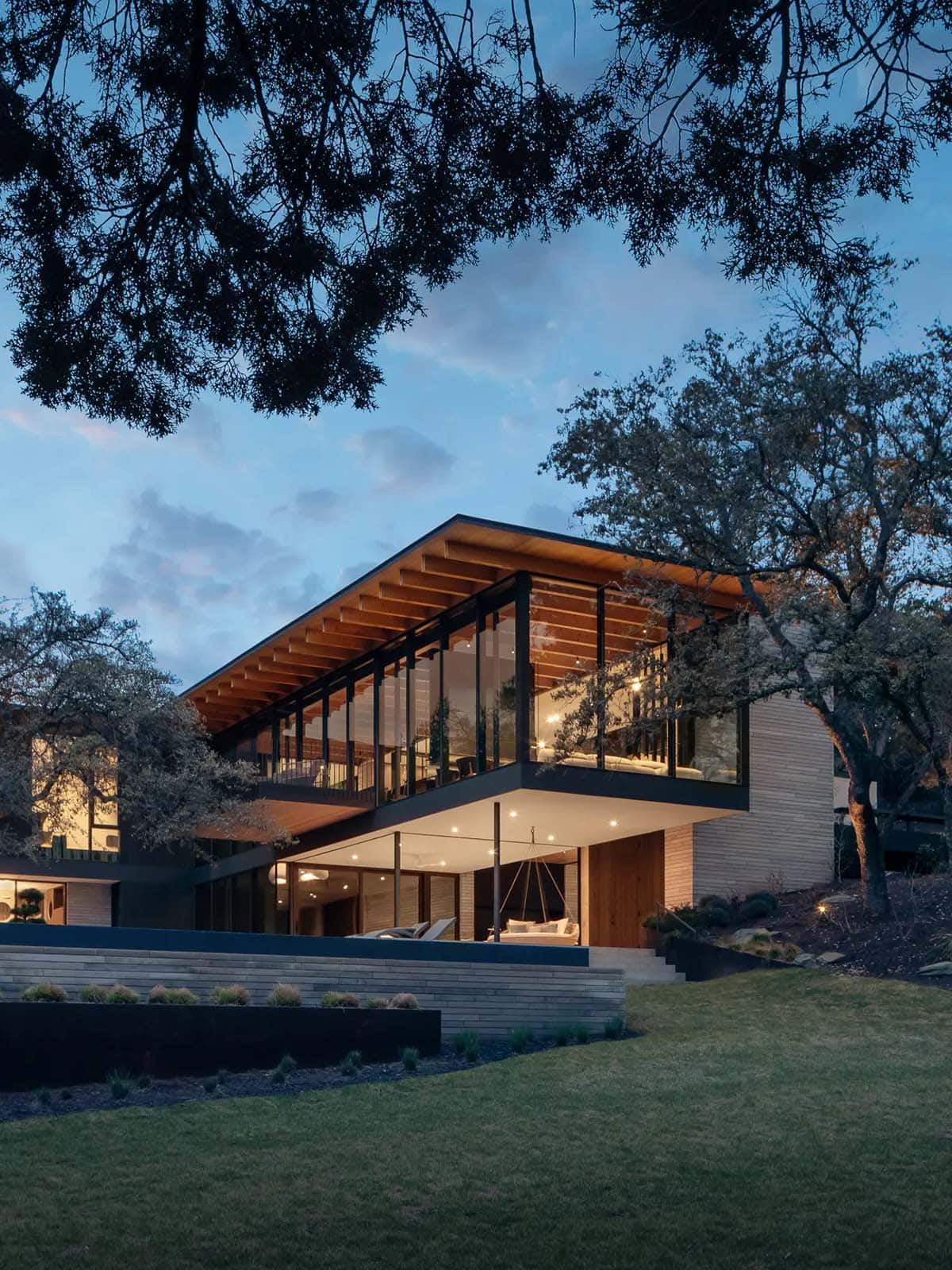 modern house exterior at dusk