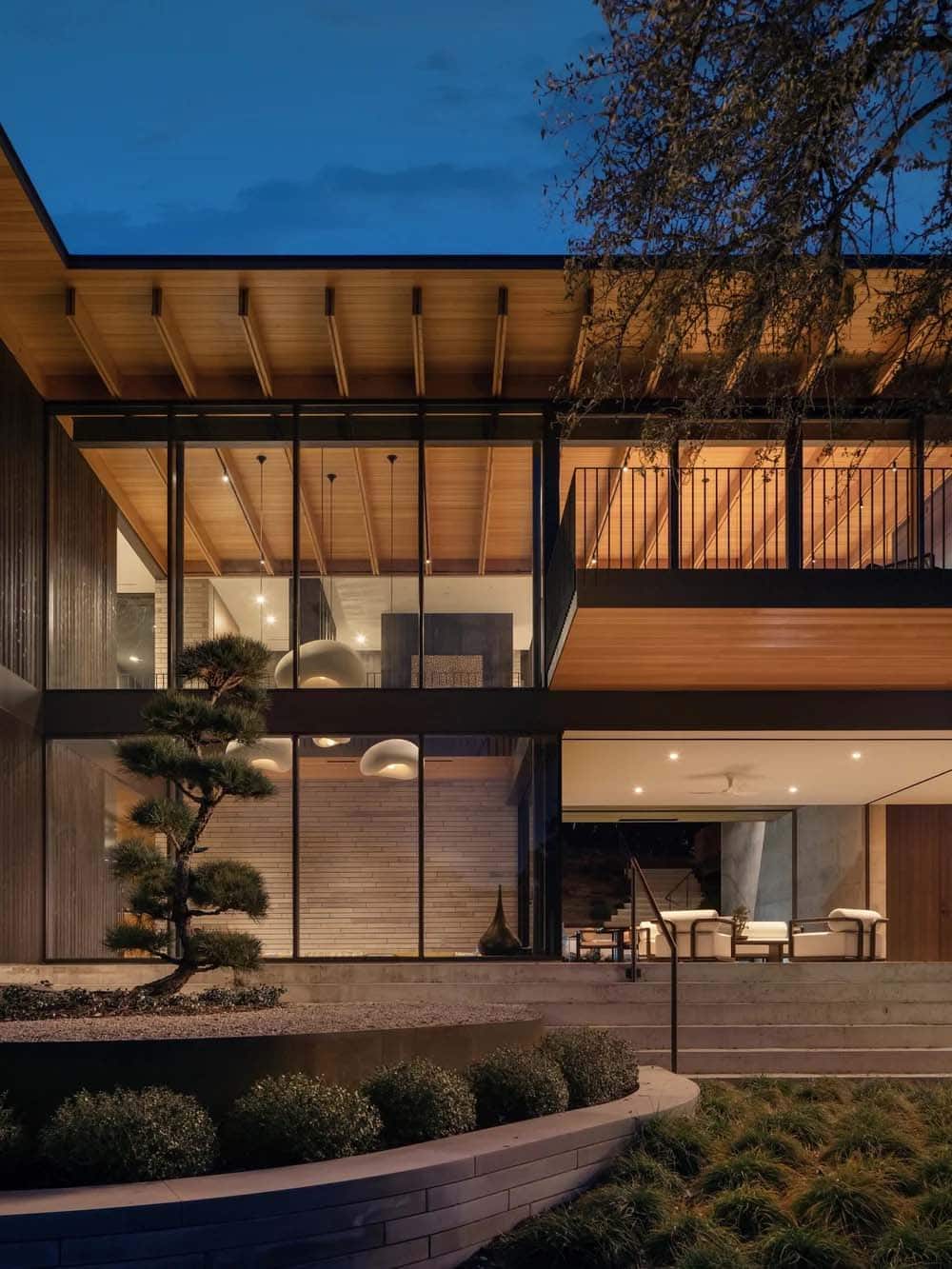 modern house exterior at dusk