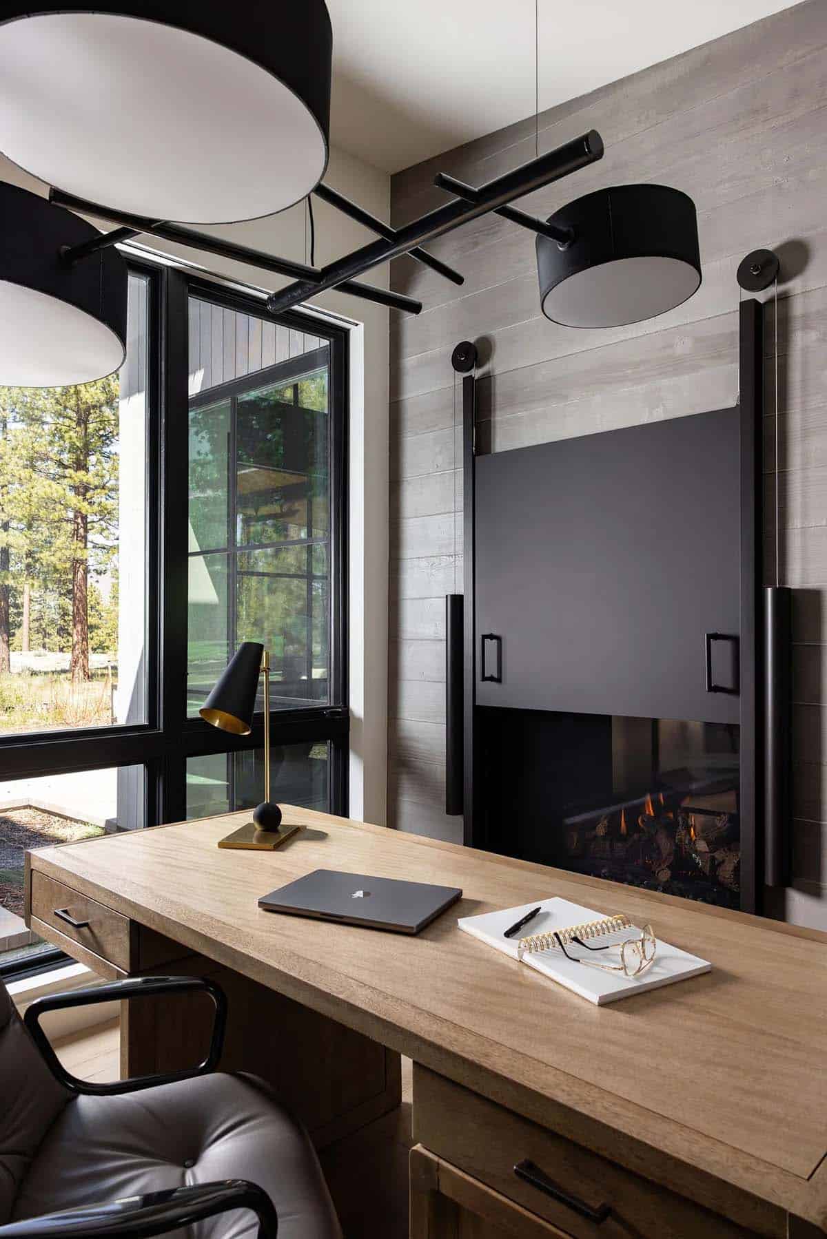 transitional home office with a fireplace