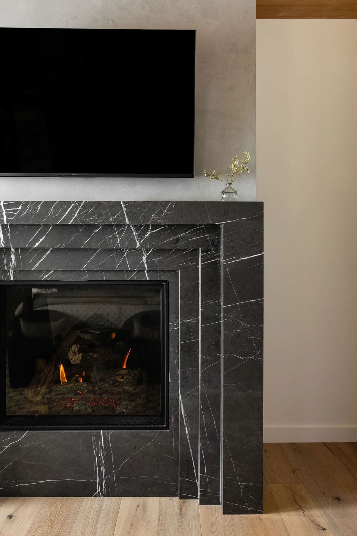 transitional bedroom fireplace detail