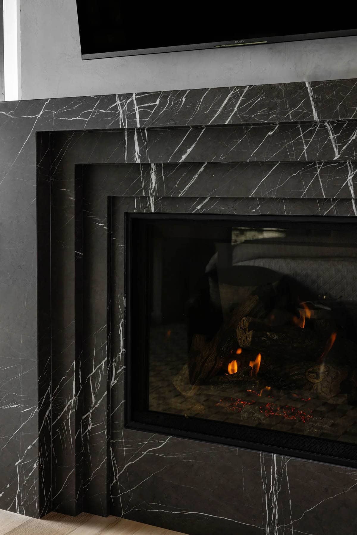 transitional bedroom fireplace detail