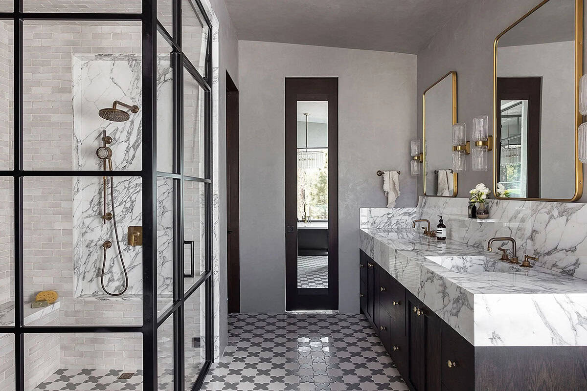 transitional bathroom vanity and shower