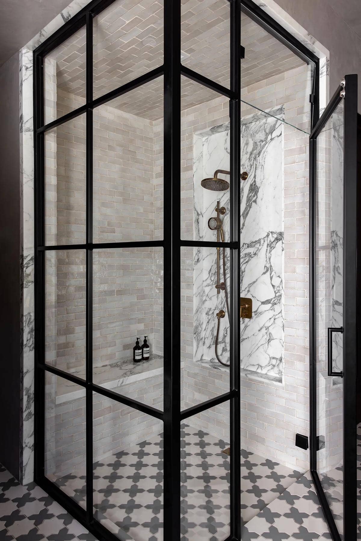 transitional bathroom shower
