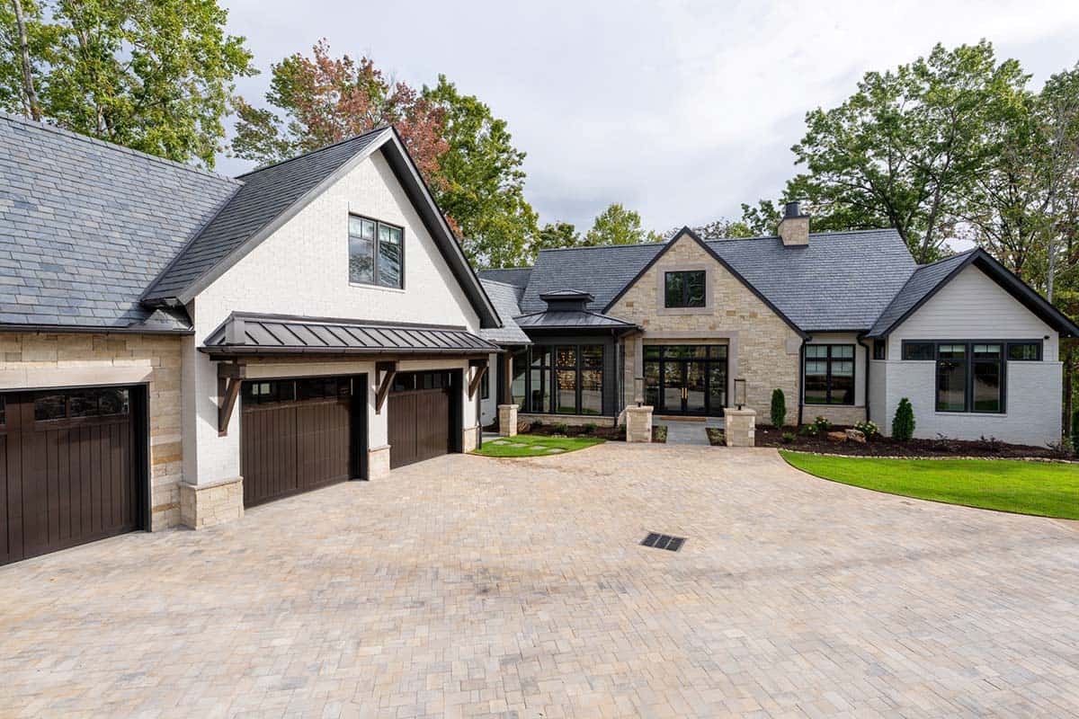 transitional style lake house exterior