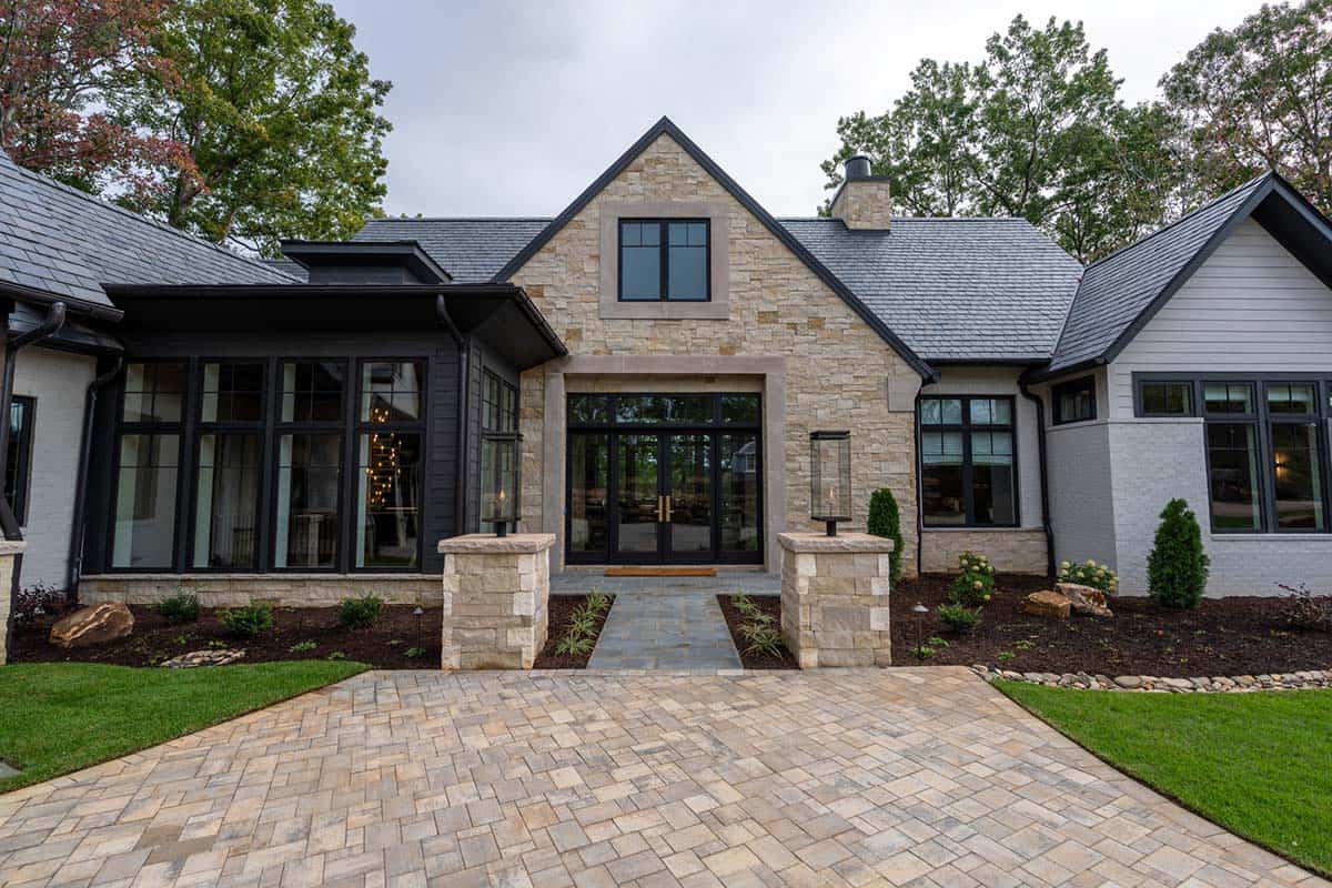 transitional style lake house exterior