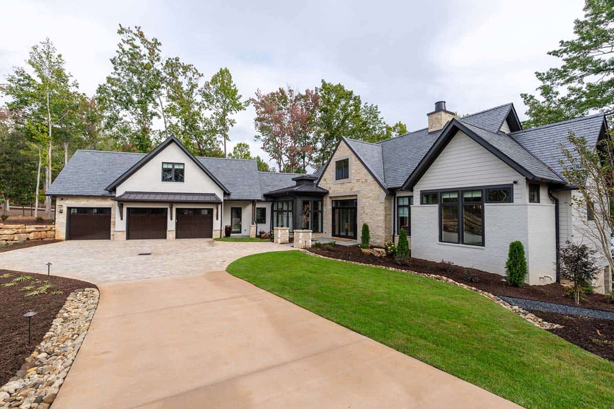 transitional style lake house exterior