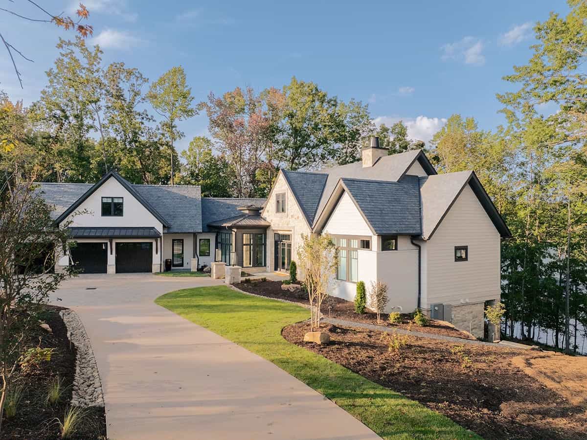 transitional style lake house exterior