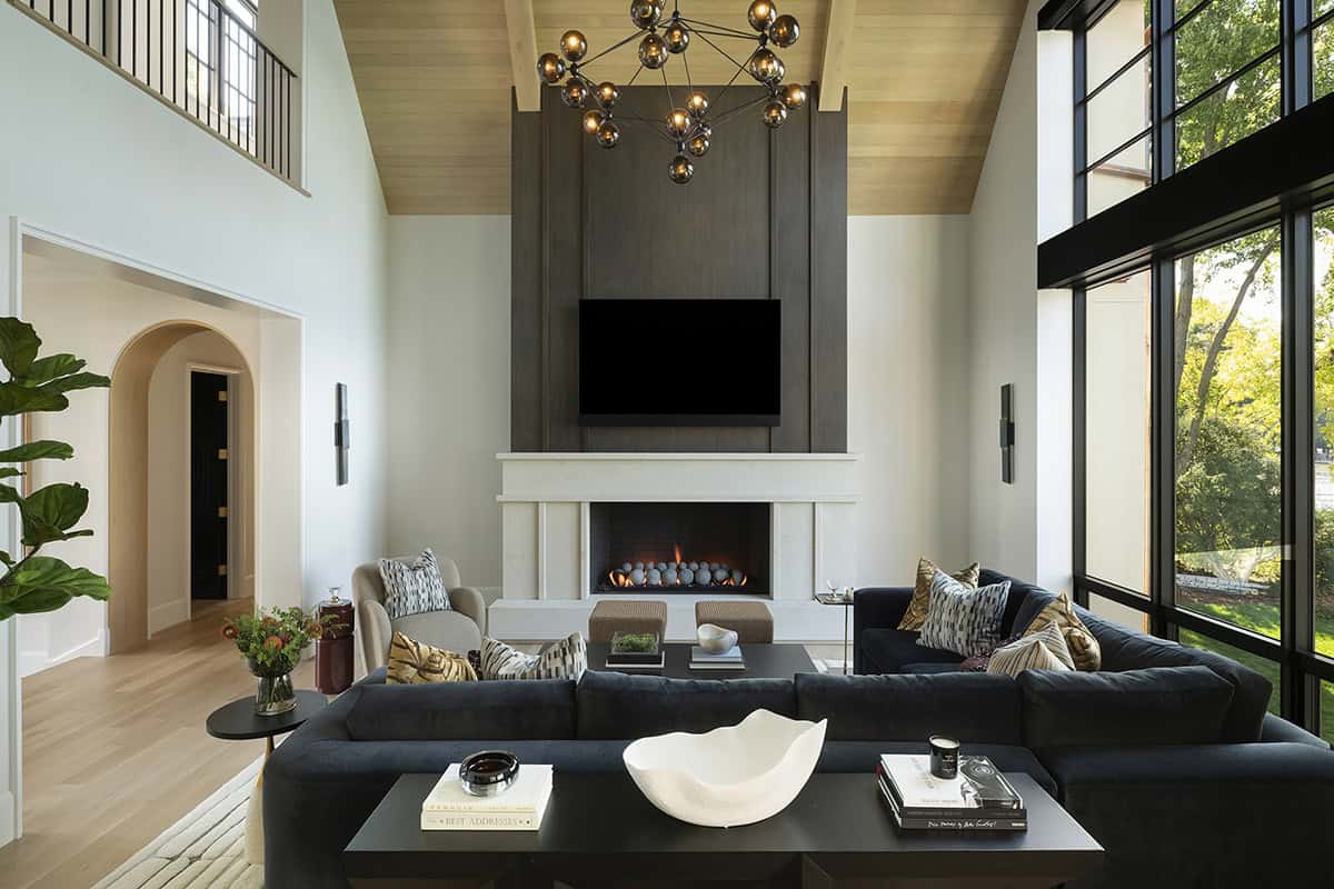 transitional style living room with a fireplace