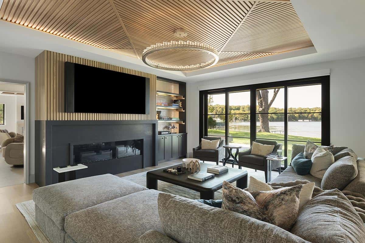 transitional style family room with a firepalce