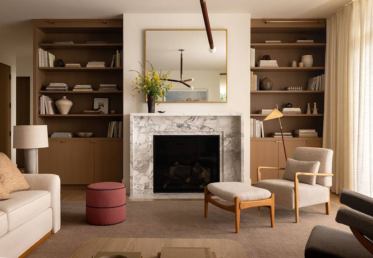 contemporary living room with a fireplace