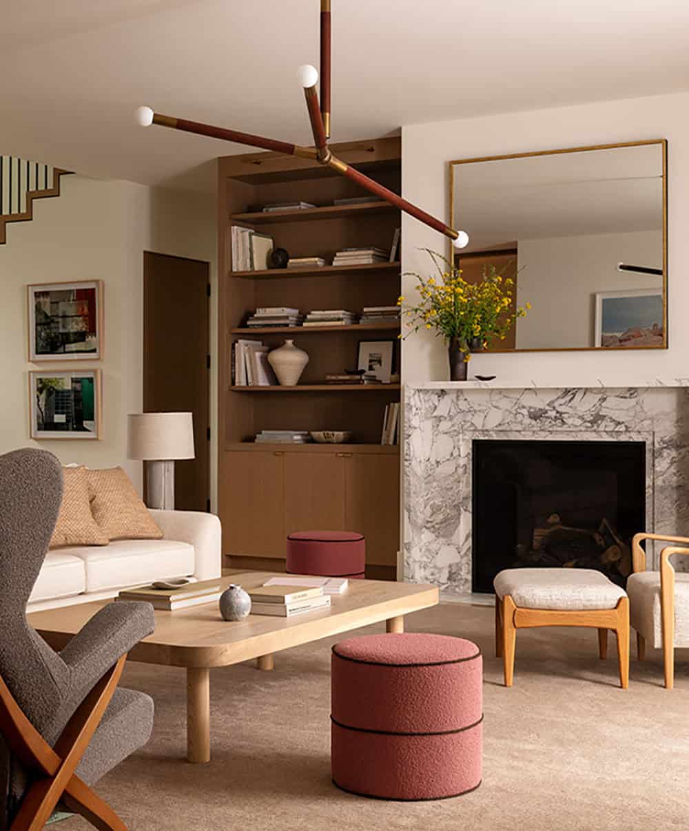 contemporary living room with a fireplace