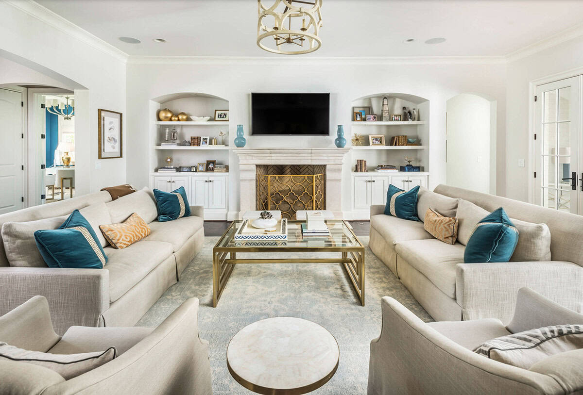 Traditional French Country family room with stone fireplace and hardwood floors, Nashville Tennessee
