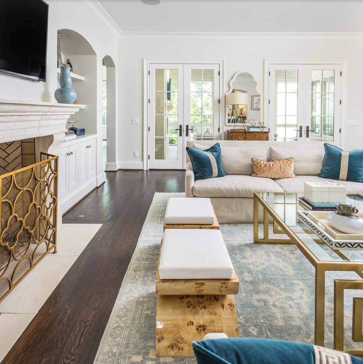 Traditional French Country living room with fireplace, custom millwork, and coffered ceiling, Belle Meade Nashville