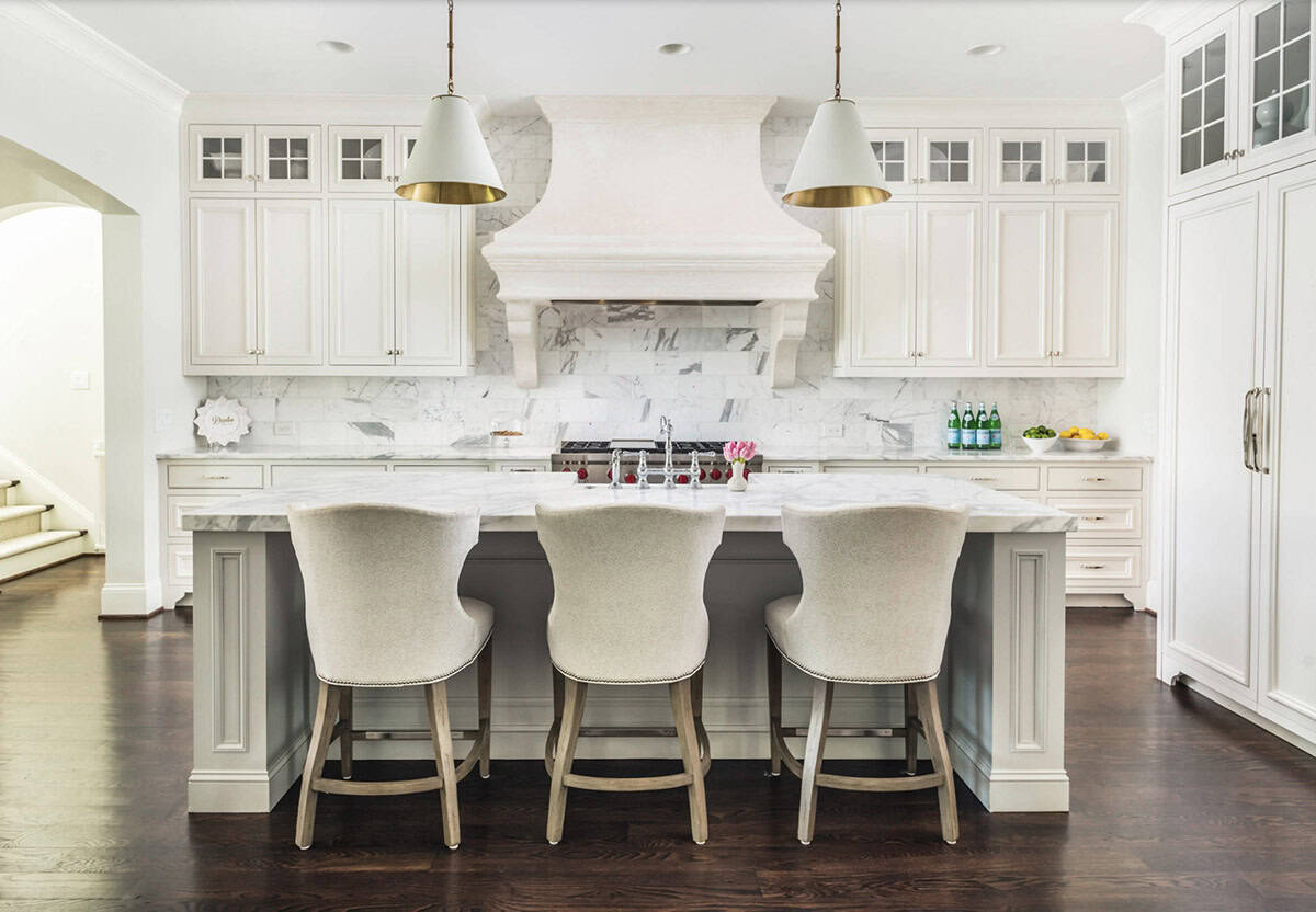 Traditional French Country kitchen with white cabinetry and hardwood floors, Nashville Tennessee