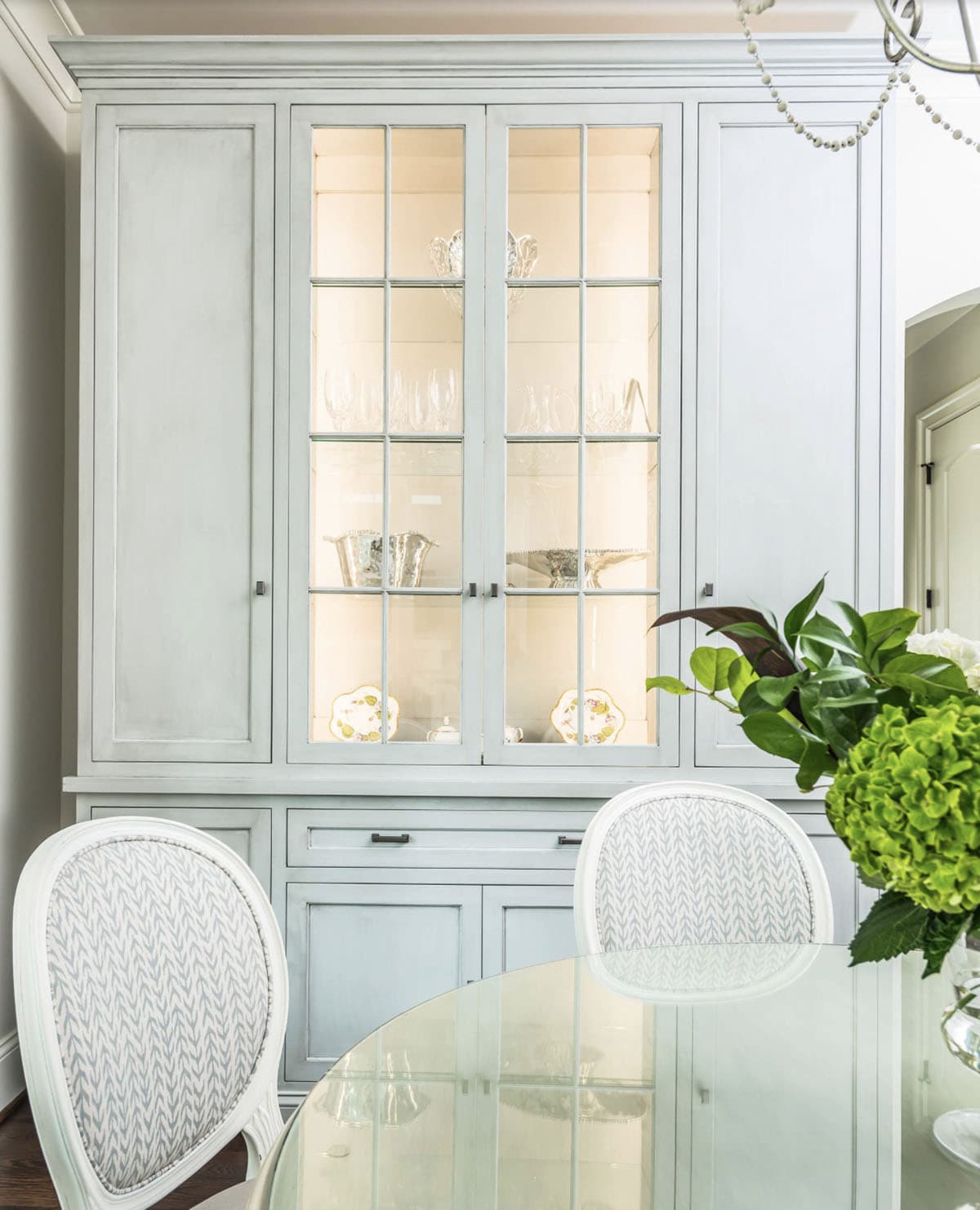 Traditional French Country dining room with built-in hutch and hardwood floors, Belle Meade Nashville Tennessee