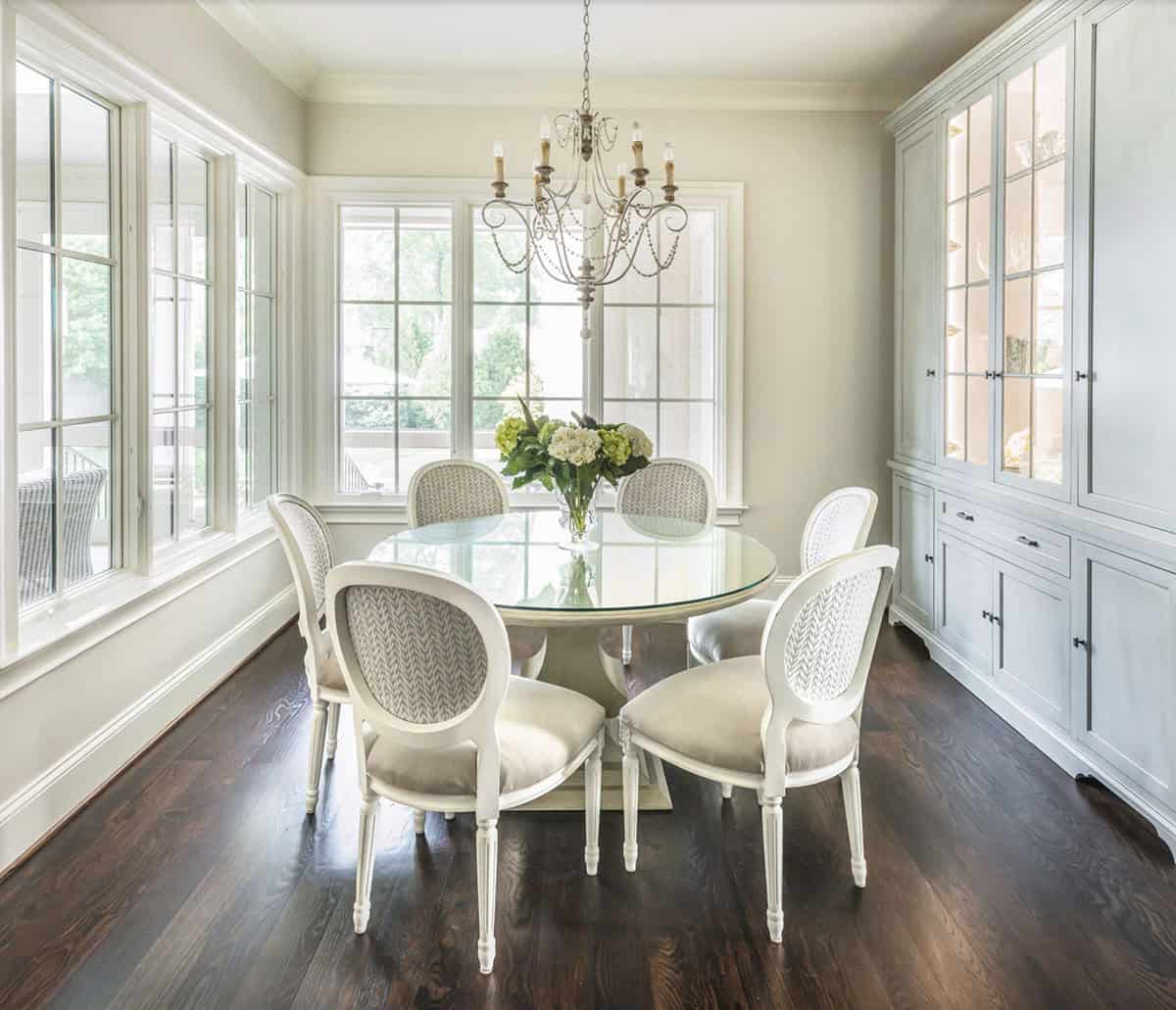 Traditional French Country dining room with wooden flooring and natural light, Nashville Tennessee