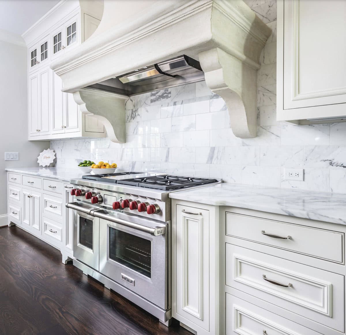 Traditional French Country kitchen range wall with custom hood and tile backsplash, Nashville Tennessee