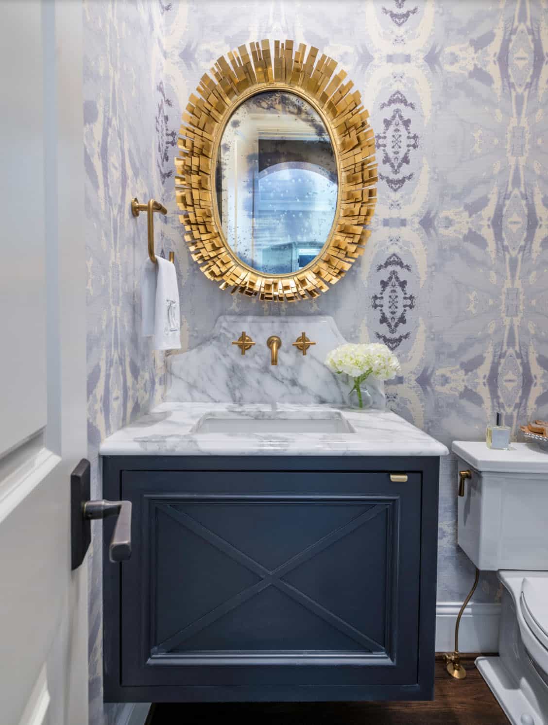Traditional French Country powder room with round mirror and pedestal sink, Belle Meade Nashville Tennessee