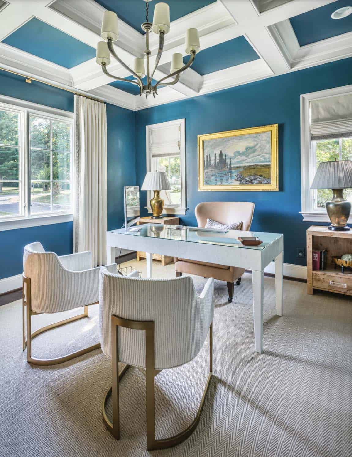Traditional French Country home office with coffered ceiling, blue walls, and built-in bookshelves, Nashville Tennessee