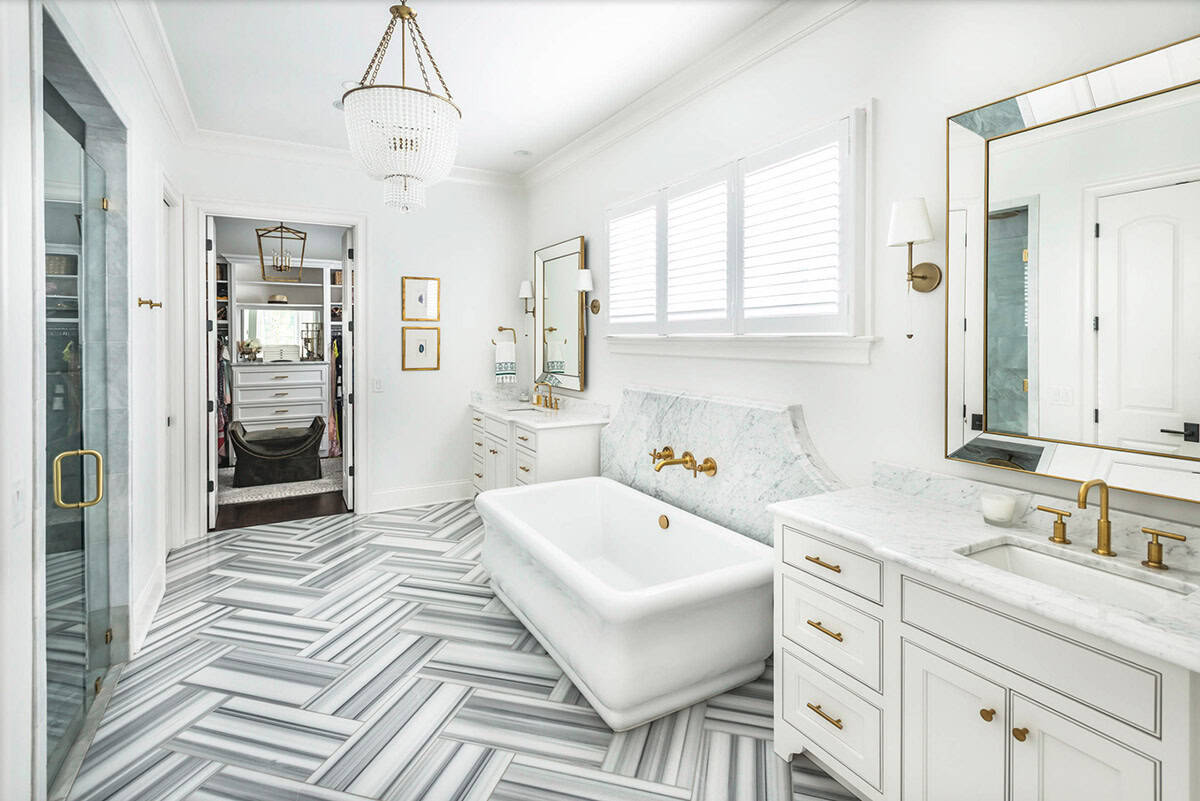 Traditional French Country primary bathroom with dual vanities and freestanding soaking tub, Belle Meade Nashville