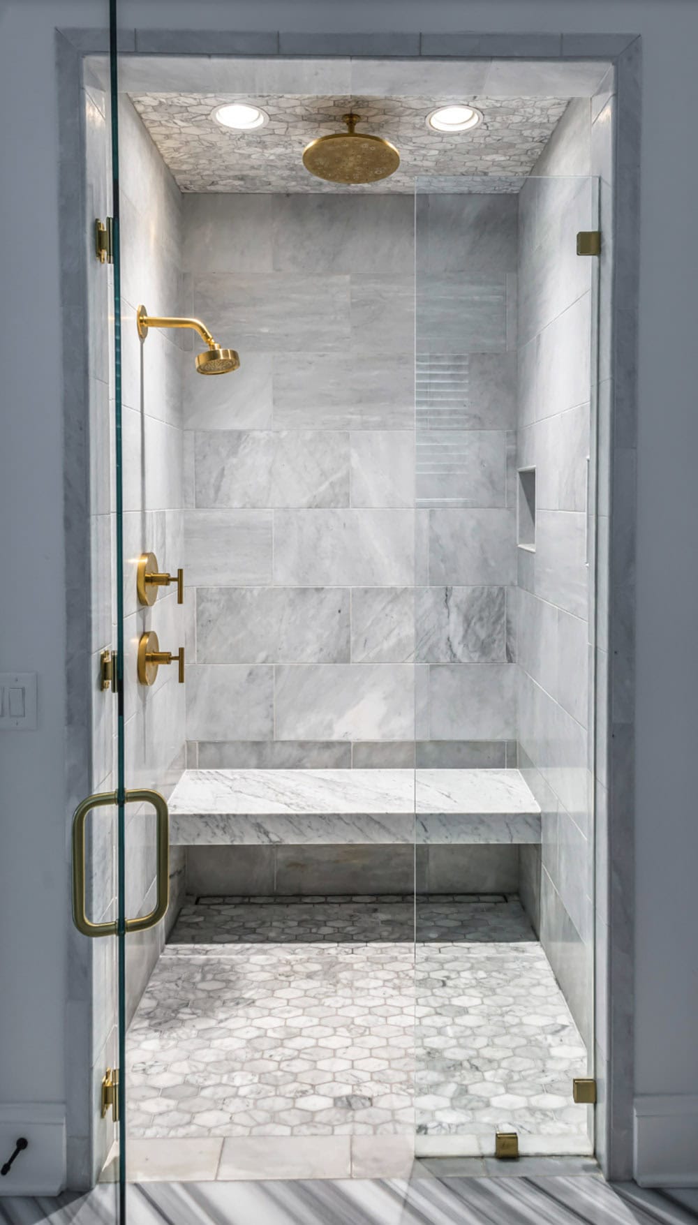 Traditional French Country walk-in shower with bench and custom tile work, Nashville Tennessee