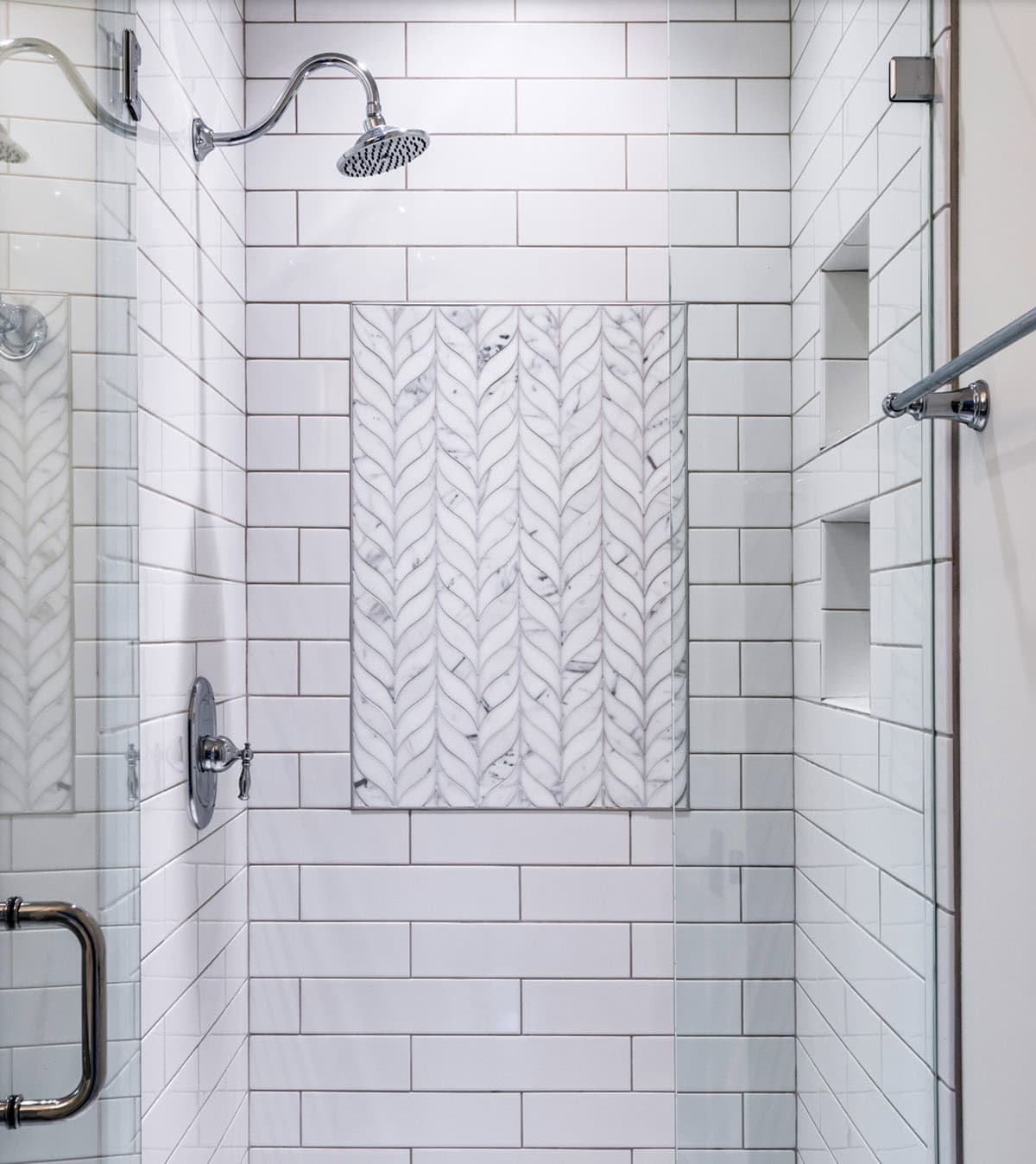 Traditional French Country guest bathroom with walk-in shower and white subway tile, Nashville Tennessee