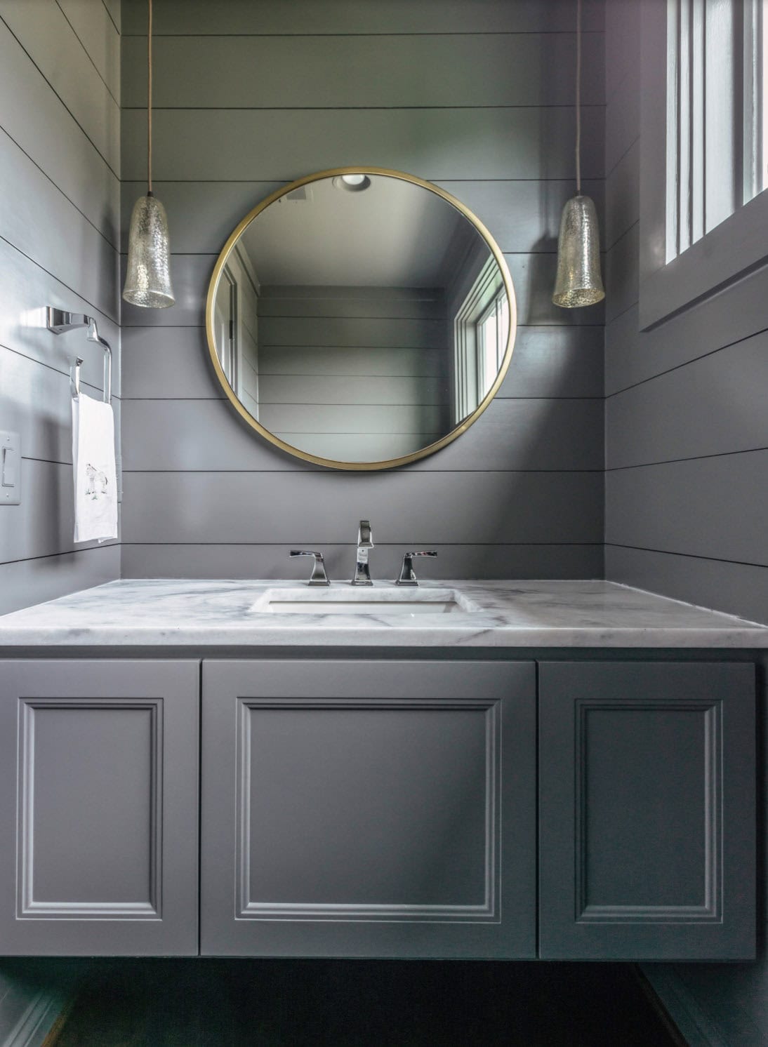 Traditional French Country guest bathroom vanity with decorative mirror and sconce lighting, Belle Meade Nashville