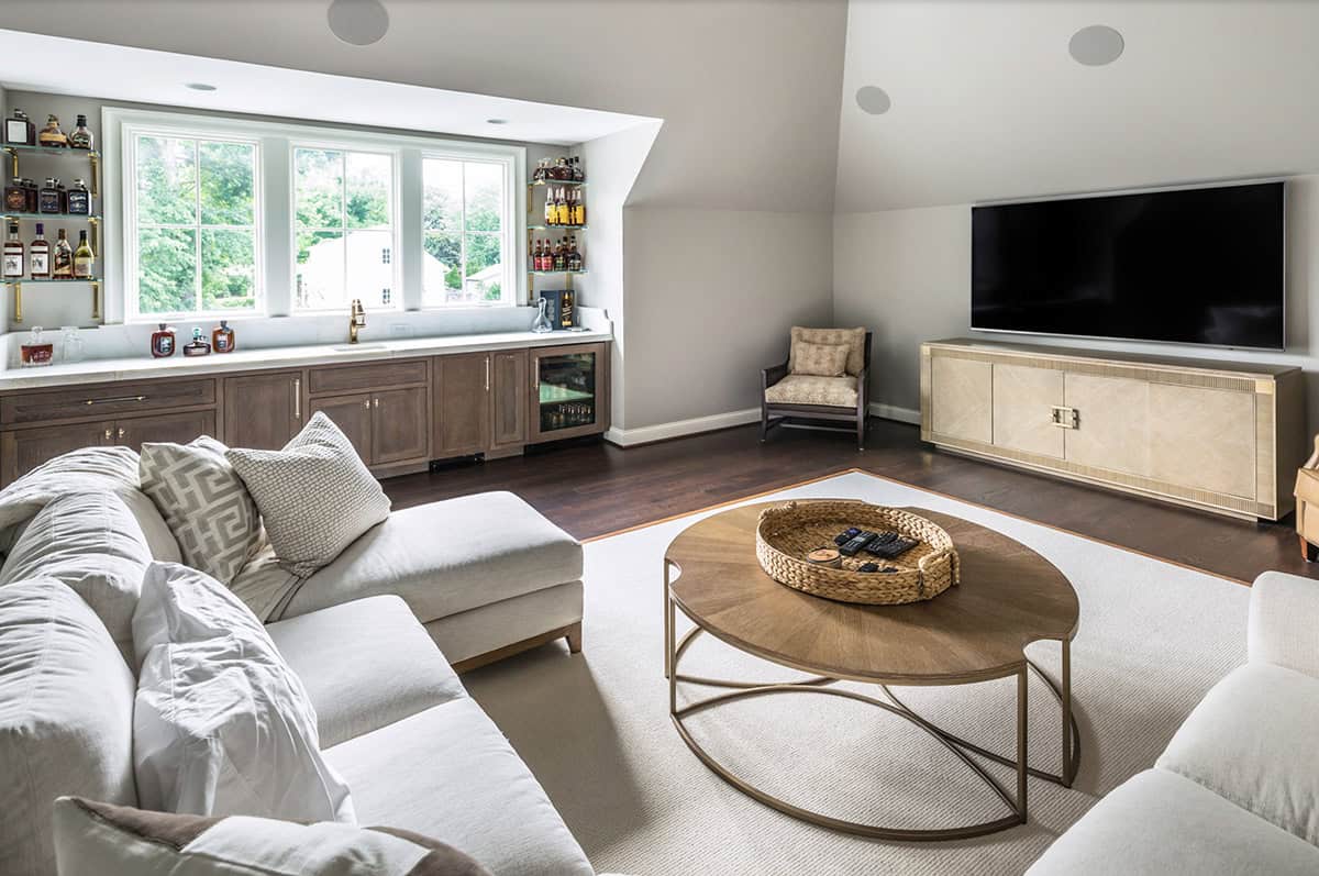 Traditional French Country home theater with tiered seating and custom millwork, Nashville Tennessee