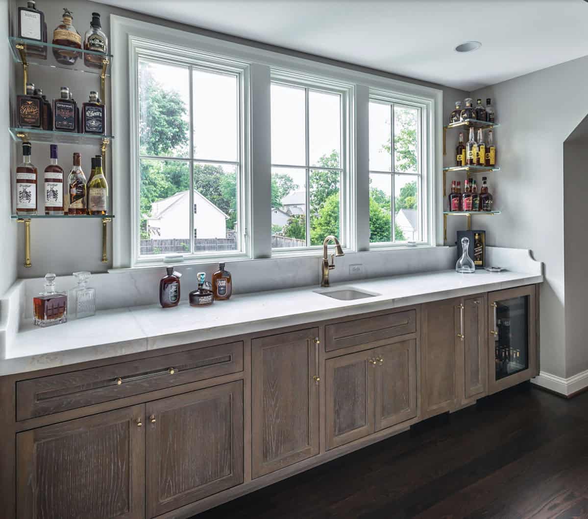 Traditional French Country home bar with custom cabinetry and stone countertops, Belle Meade Nashville Tennessee