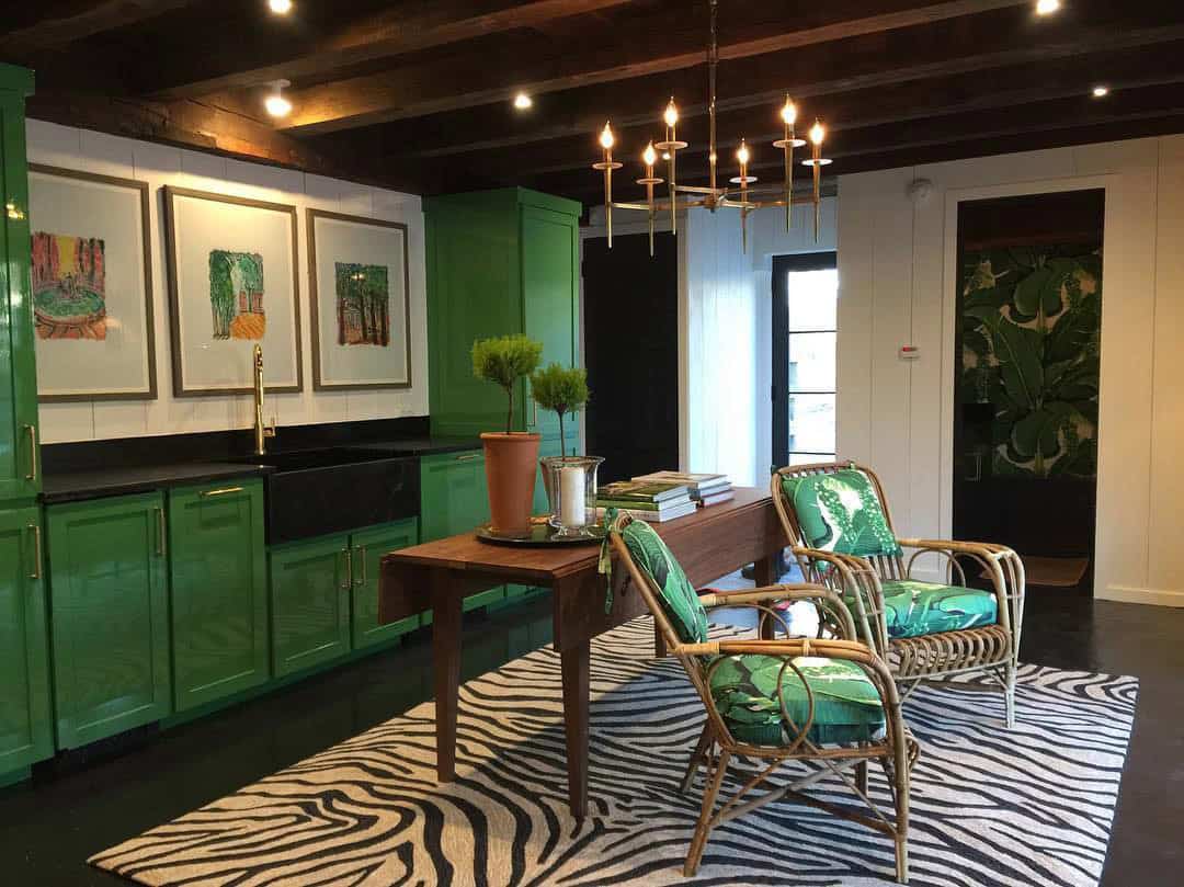 barn house kitchen with green lacquer cabinets