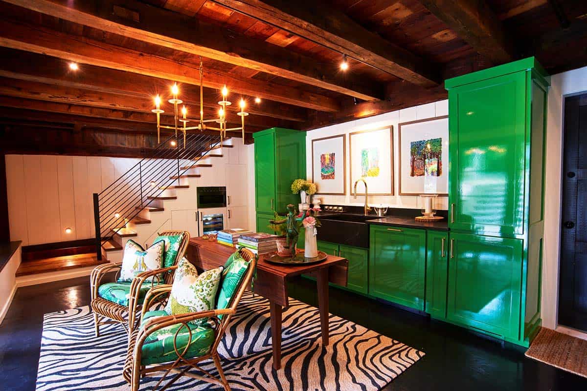 barn house kitchen with green lacquer cabinets