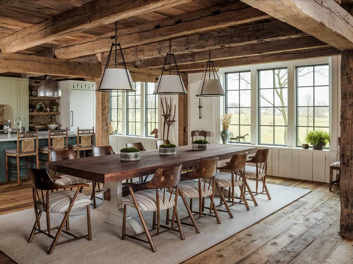 Barn conversion dining room with dark wood trestle table, mixed wood chairs, three hanging white cone pendants, original reclaimed timber beam ceiling, floor-to-ceiling black-framed grid windows overlooking Pennsylvania farmland, and green kitchen beyond