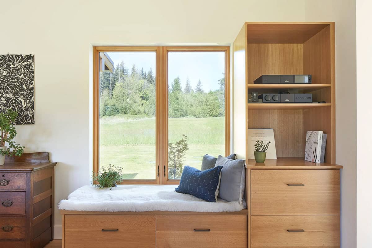 Built-in window seat at the NorthShore Residence with views of the natural surrounding landscape, Bellingham, Washington