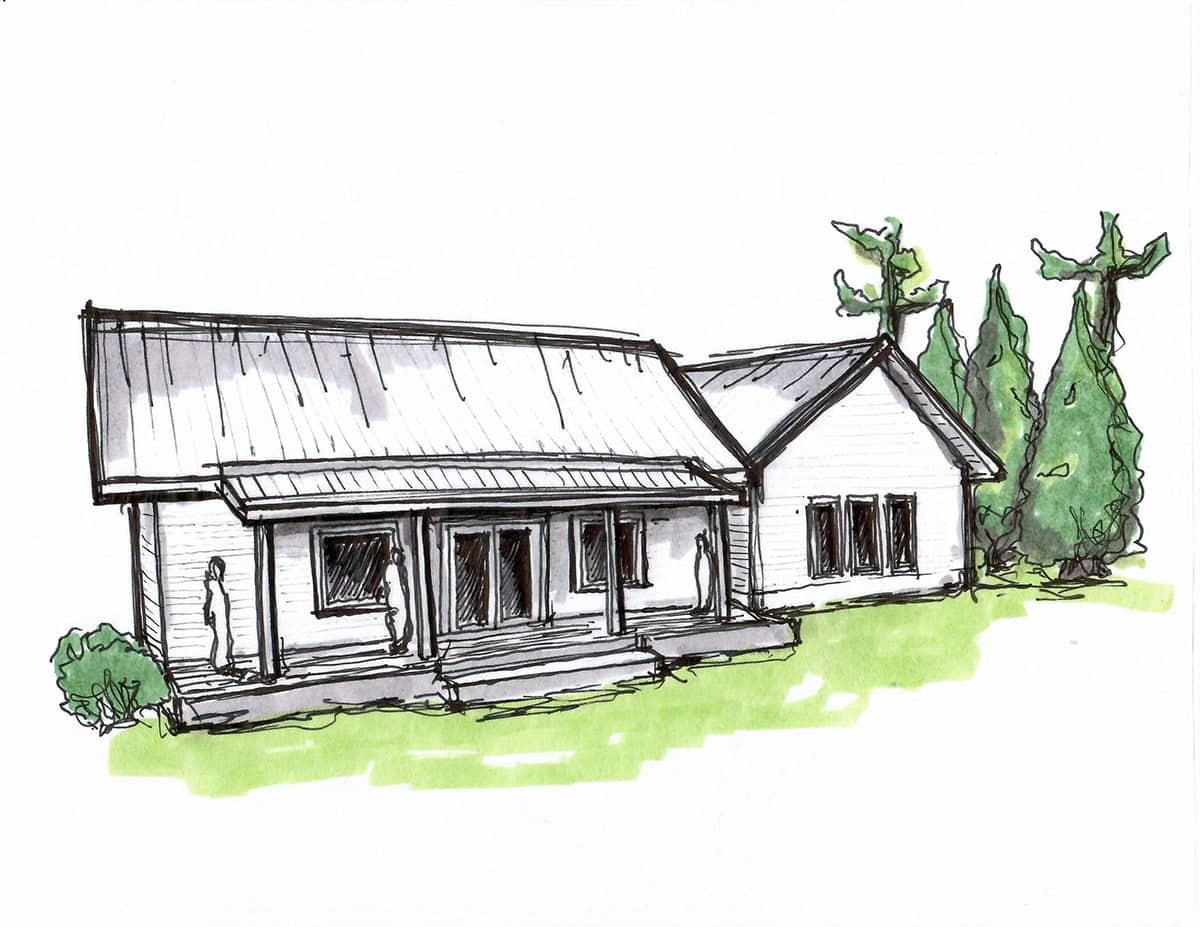 Rendered perspective illustration of the exterior showing the design vision prior to construction