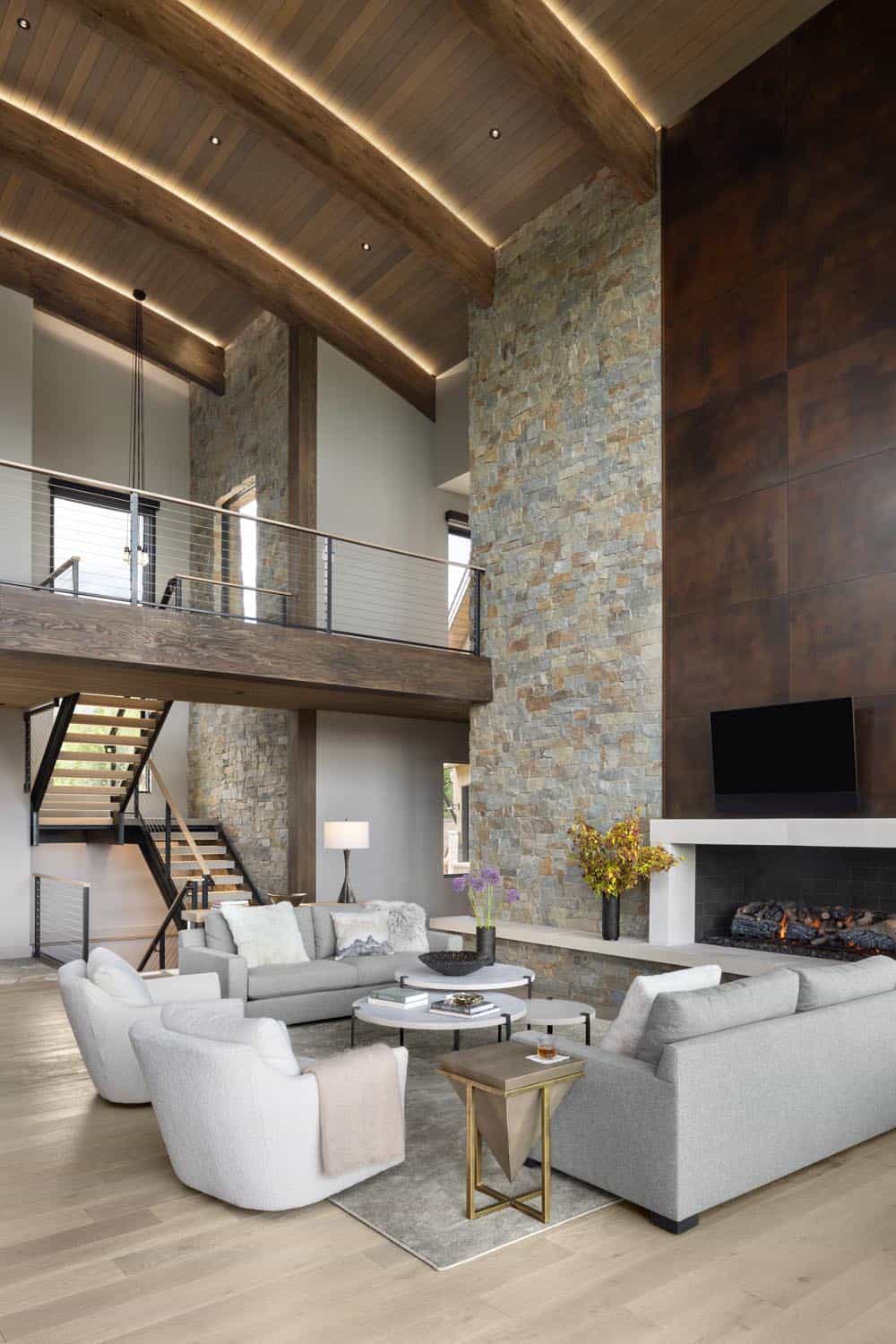 contemporary living room with a fireplace