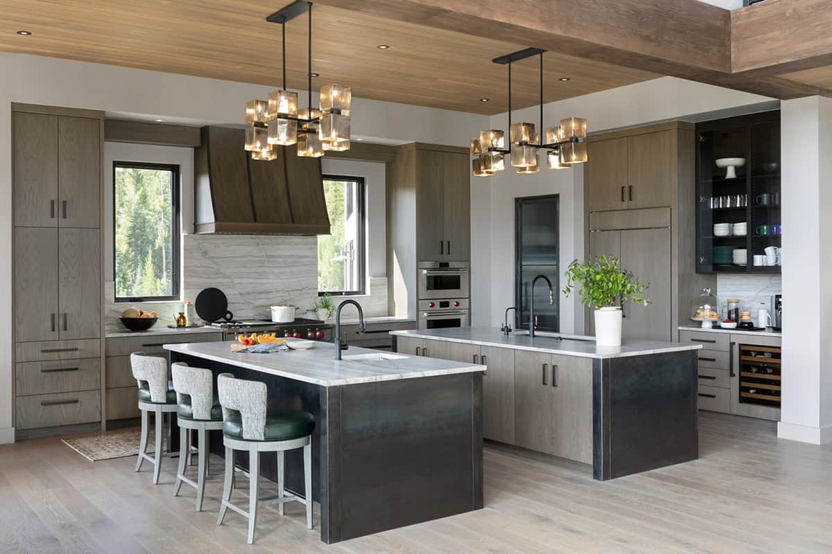 contemporary kitchen with dual islands